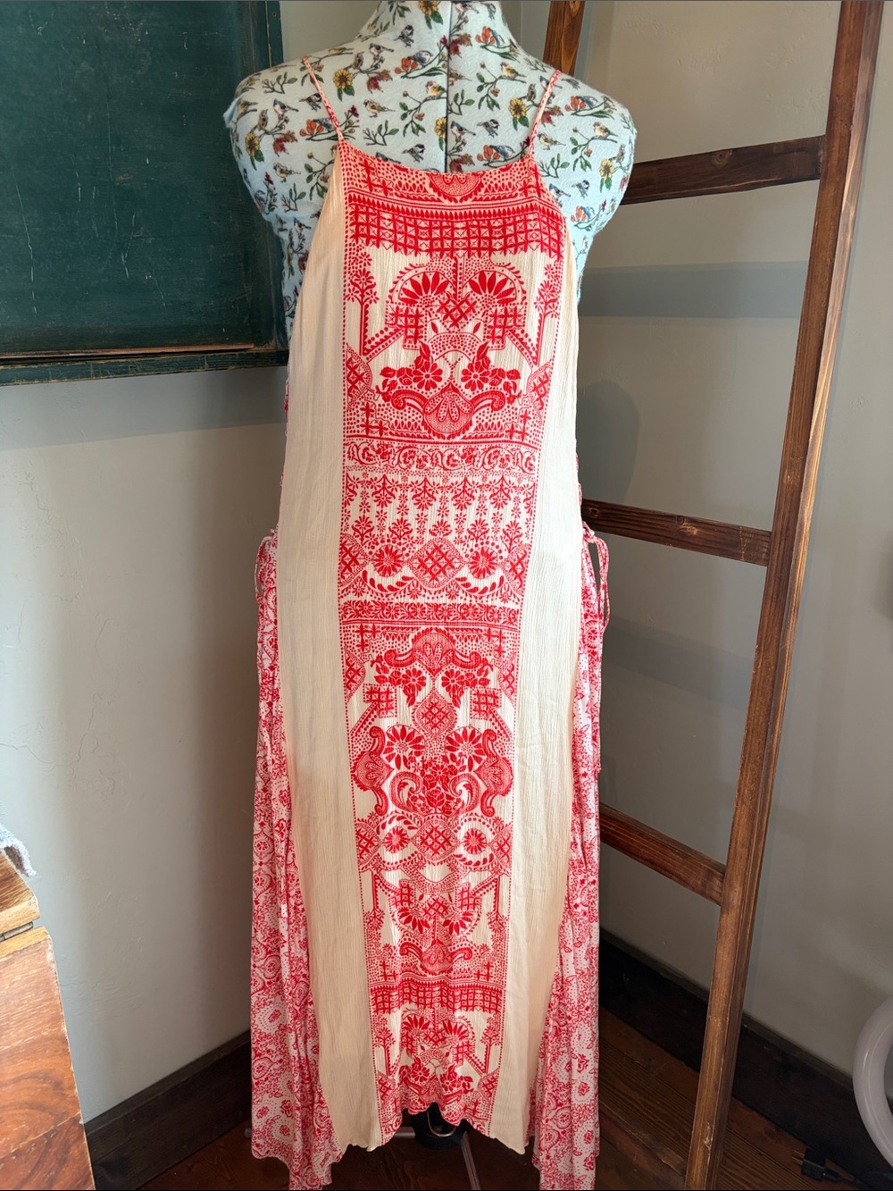 FARM Rio Red and Cream Embroidered Panel Maxi Dress